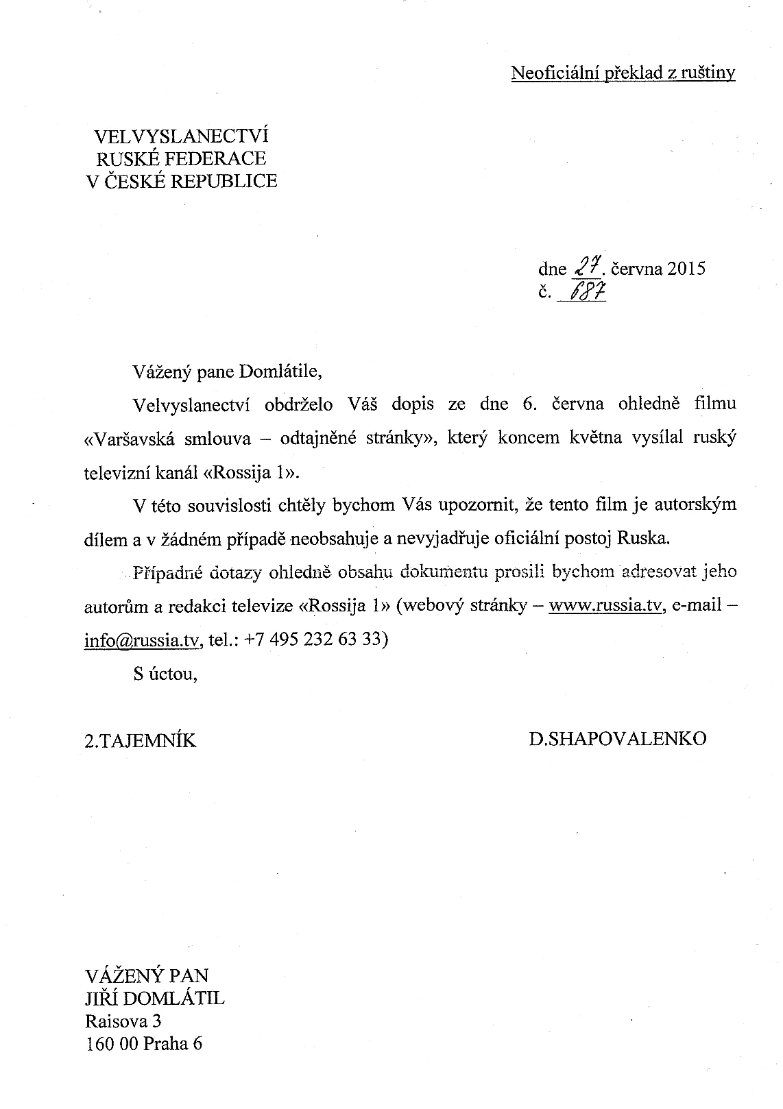 Odpověď Velvyslanectví Ruské federace z 27.6.2015